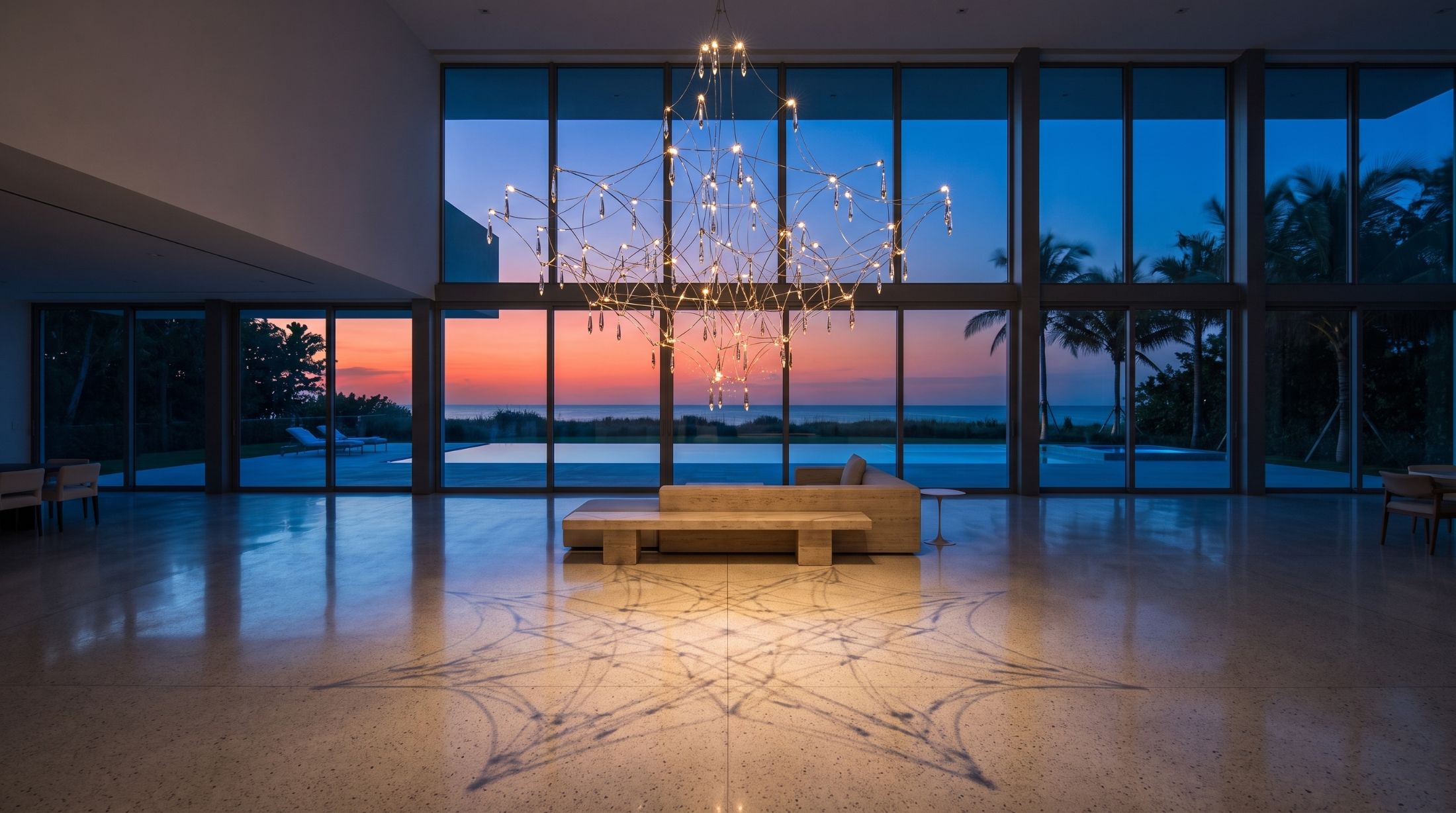 Camelot chandelier installed in a private Miami Beach residence at dusk