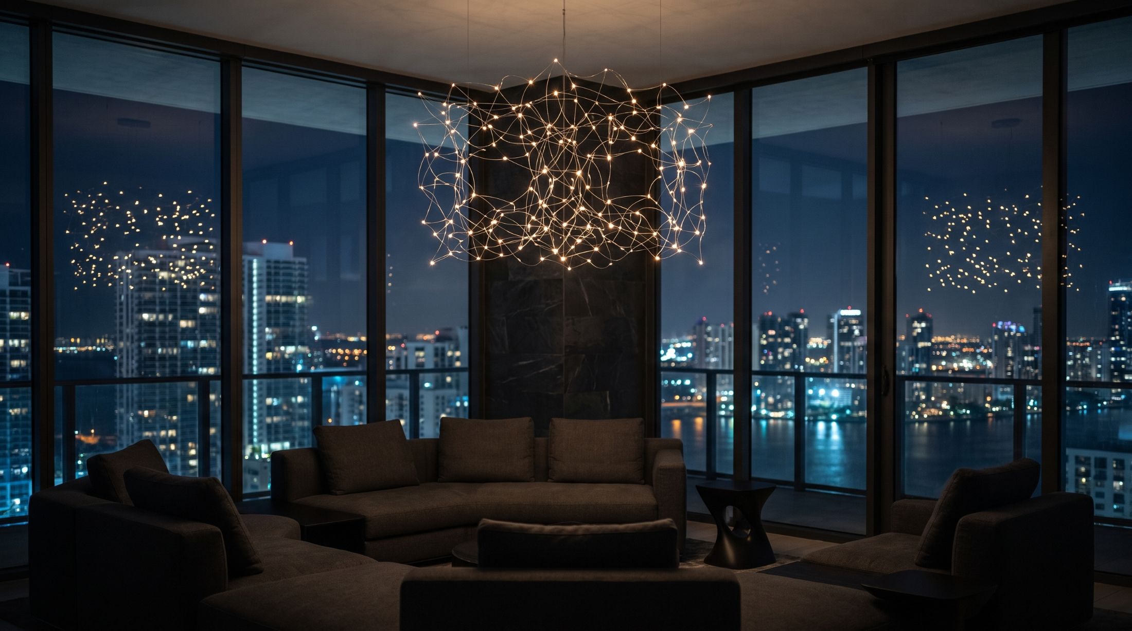 Stellar SQR pendant installed in a Brickell penthouse at night